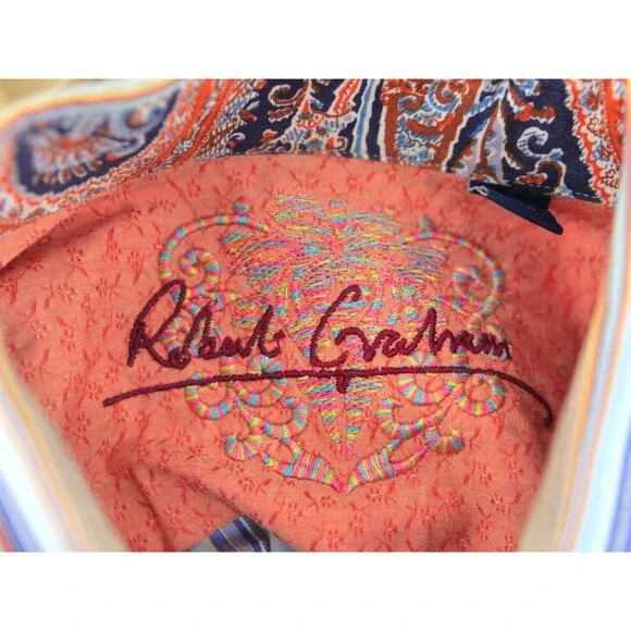 ROBERT GRAHAM Multi Color Stiped Flip Cuff Embroidery Button Down Shirt Medium - Picture 10 of 12